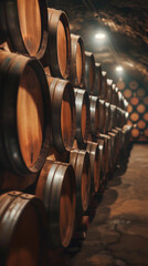 Stacked Wine Barrels in Cellar, Harvest time, a stage in the wine-making process, les vendanges, grape harvesting, a seasonal job.