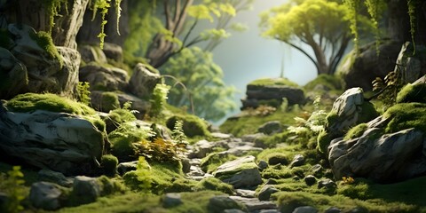 Creating a 3D Render of Moss-Covered Rocks for Natural and Beautiful Garden Decor. Concept Garden Decor, Moss-Covered Rocks, 3D Render, Natural, Beautiful