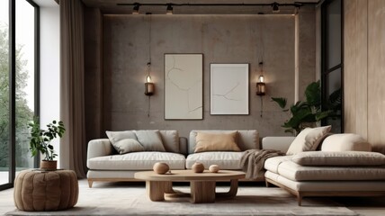 Modern Grey Scandinavian home interior design characterized by an elegant living room featuring a comfortable sofa, mid century furniture, cozy carpet, wooden floor, white walls, and home plants