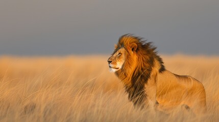 Majestic lion basking in golden hour on savannah plains