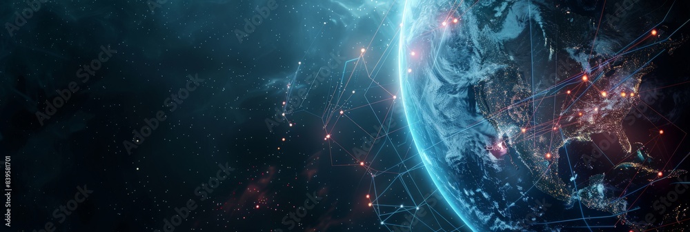 Poster Planet Earth with glowing red and blue lines in a cosmic backdrop. Concept of global digital networks and space technology. Suitable for futuristic and global connectivity themes