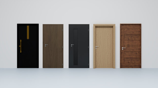 Set of closed entrance house and rooms doors, realistic 3D isolated on white background. Building interior and exterior. Isolated Door in different colors and metallic door handles. 