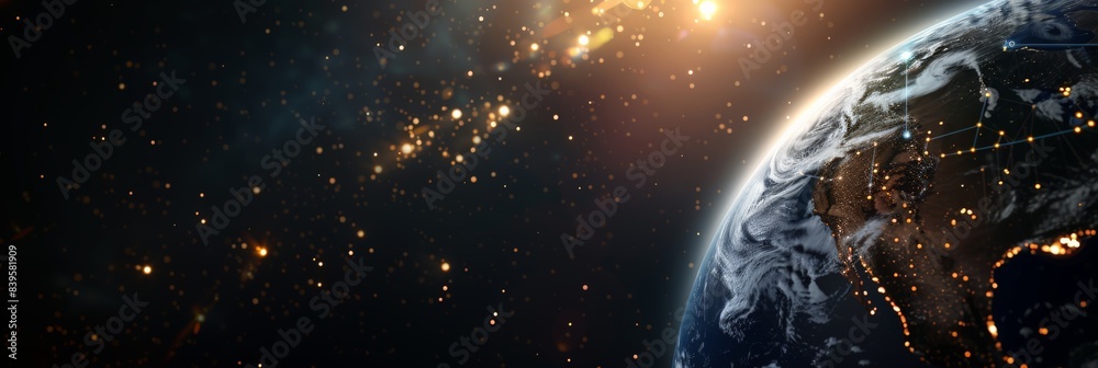 Aufkleber Partial view of Earth with glowing networks and light particles in space. Concept of global connectivity and technological infrastructure. Suitable for tech and global communication themes