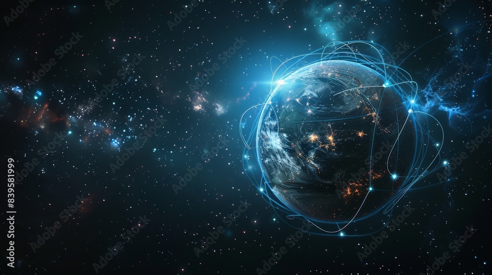 Aufkleber Planet Earth with glowing blue lines and network connections in outer space. Concept of global digital communication and technological progress. Ideal for futuristic and technology themes