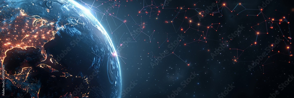 Poster Planet Earth illuminated by city lights with network lines in outer space. Concept of global connectivity and technological advancement. Suitable for technology and space exploration themes