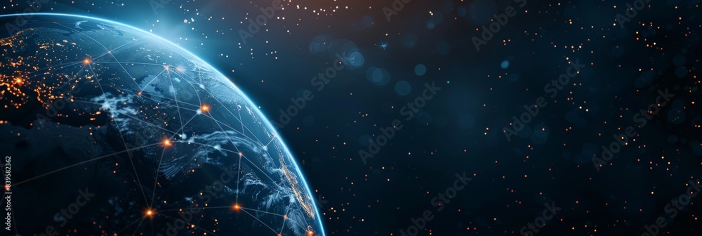 Poster planet earth illuminated by sunlight with visible cities and lights in outer space. concept of globa