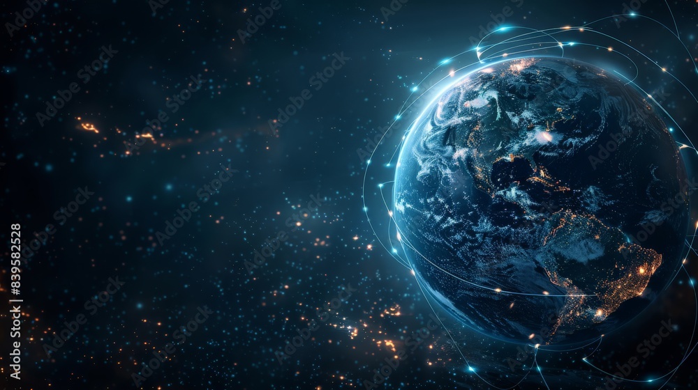 Aufkleber High-resolution view of Earth with visible glowing network connections in outer space. Concept of global communication and digital infrastructure. Suitable for technological and space themes