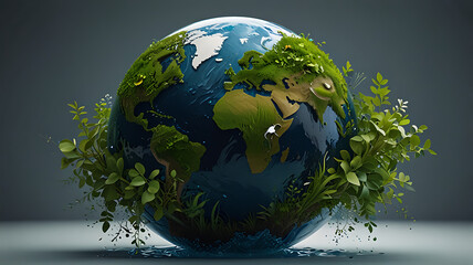An Artistic abstract illustration image of a globe earth portrait made up of water plants and wind. World environment day concept, green plants around globe with copy space
