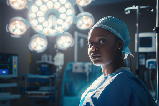 African American female surgeon in operating room under bright surgical lights. She wears surgical cap and scrubs, looking focused and determined