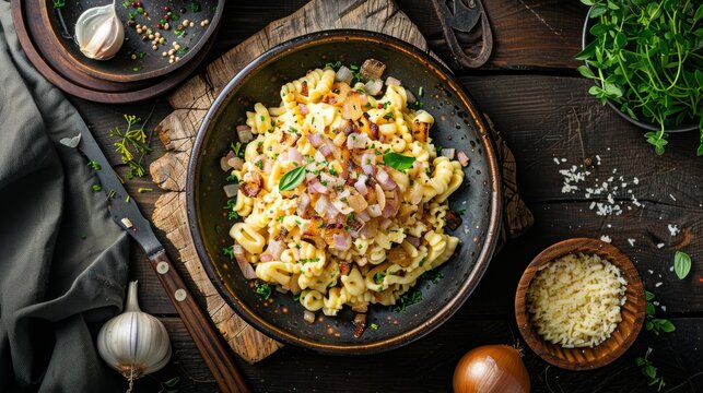 german bavarian cheese spaetzle with roasted onions, food photography, 16:9