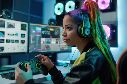 Pro gamer streams live, fully immersed in a video game at her colorful desk, using a headset and controller for an online tournament