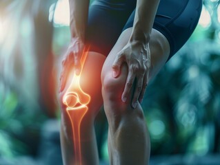 Woman Holding Her Painful Knee With X-Ray Overlay