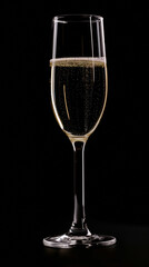 One glass of champagne on a black background