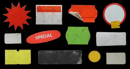 Fotobehang Retro collection of blank old sticker, label, price tag template for mockup. isolated dirty, ripped, half peeled stickers  © Anjar G