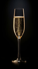 One glass of champagne on a black background