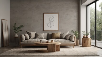 Modern Grey Scandinavian home interior design characterized by an elegant living room featuring a comfortable sofa, mid century furniture, cozy carpet, wooden floor, white walls, and home plants