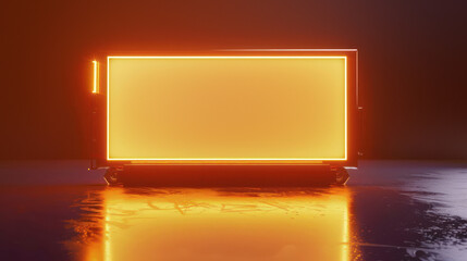 Neon-framed billboard on a wet surface