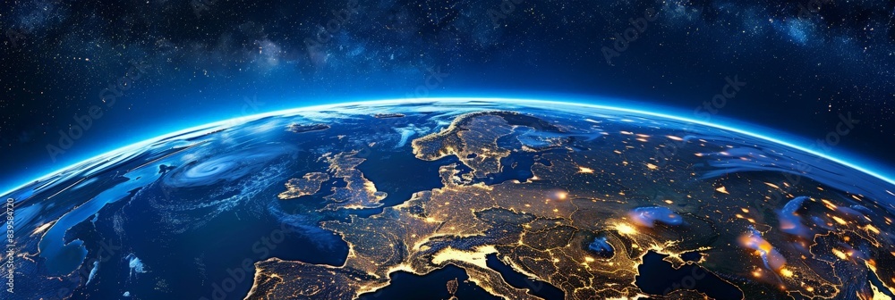 Aufkleber spectacular view of earth from space with a focus on europe, illuminated by city lights at night. th