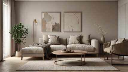 Fototapeta premium Modern Grey Scandinavian home interior design characterized by an elegant living room featuring a comfortable sofa, mid century furniture, cozy carpet, wooden floor, white walls, and home plants