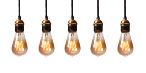 Hanging Retro Edison Bulbs in Row. Edison Light Bulbs with Glowing Filaments on Isolated Background