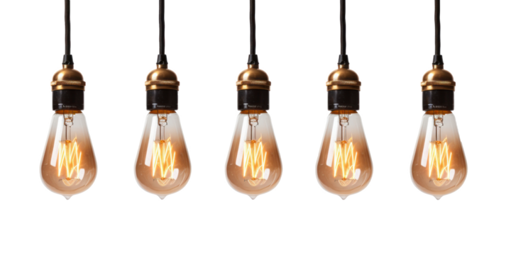 Hanging Retro Edison Bulbs in Row. Edison Light Bulbs with Glowing Filaments on Isolated Background