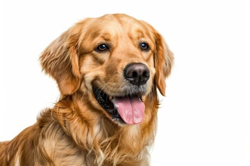 adorable golden retriever puppy dog smiling isolated on white copy space right