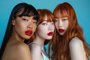 Fashionable women with red lips on blue background