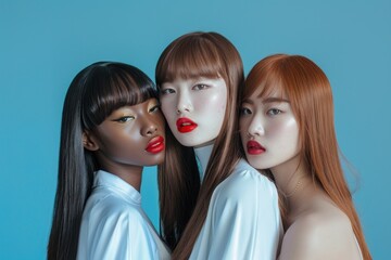 Obraz premium Trio of models with sleek hair and bold lips