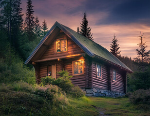 Abandoned cottage in dark forest