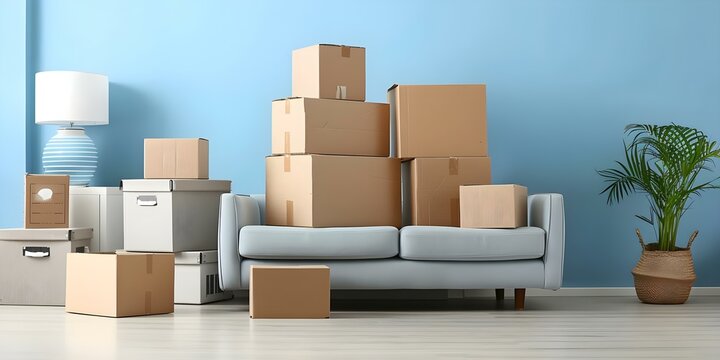 Unpacking Day Boxes Await in the New Home. Concept Moving Day, Unpacking, New Home, Boxes, Excitement