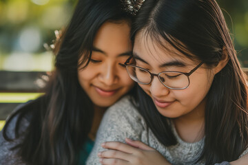 Two sisters finding comfort in each other's company on a park bench, radiating love and support with happy smiles and peaceful expressions, showcasing the beauty of sisterly love and family bond