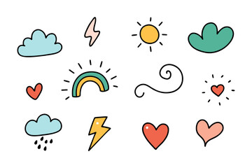 Cute hand drawn doodle vector set, love, Natural , firework, cloud, weather, rainbow, snow, heart vector illustration