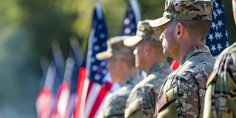 Veterans Day parade honors military veterans with American flags showcasing patriotic unity. Concept Veterans Day, Parade, Military Veterans, American Flags, Patriotic Unity