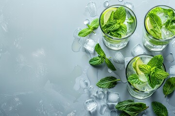 Obraz premium Mojito or virgin mojito long rum drink with fresh mint, lime juice, cane sugar and soda