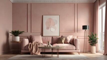 Modern Pink Scandinavian home interior design characterized by an elegant living room featuring a comfortable sofa, mid century furniture, cozy carpet, wooden floor, white walls, and home plants