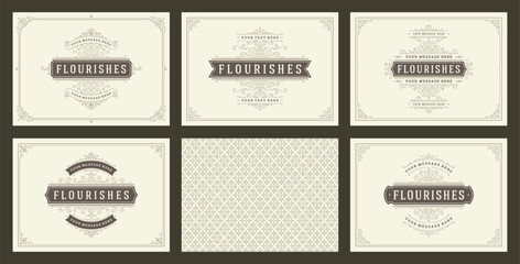 Vintage ornament greeting cards set templates flourish ornate frames and pattern background vector illustration © provectors