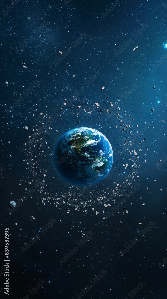 Poster planet earth surrounded by space debris in orbit. environmental impact of space junk. concept of spa