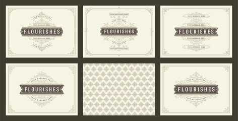Vintage ornament greeting cards set templates flourish ornate frames and pattern background vector illustration © provectors
