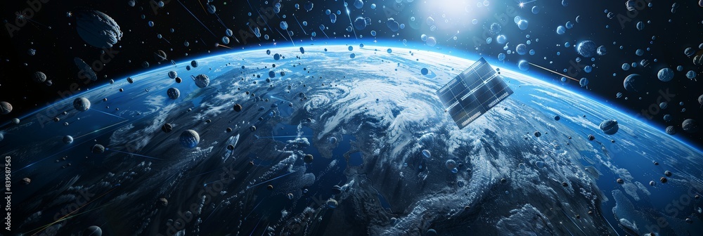Poster close-up view of earth from space with satellites and debris. highlighting the issue of space debris
