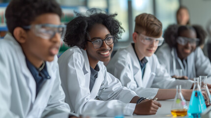 copy space, stockphoto, multiracial, high school students with labcoat in a analytic practice lab. Students different ethnic background in an chemistry lab. School theme mockup.