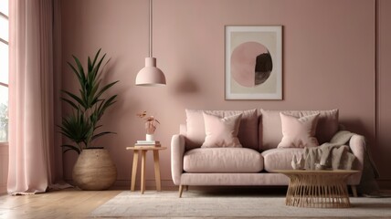 Modern Pink Scandinavian home interior design characterized by an elegant living room featuring a comfortable sofa, mid century furniture, cozy carpet, wooden floor, white walls, and home plants