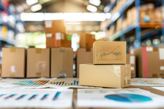 Cardboard box with logistics graph in warehouse