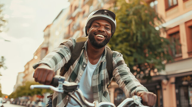 black man riding a bicycle in the city