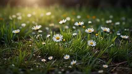 An abstract background featuring spring grass and daisy wildflowers, encapsulating the beauty and freshness of nature in bloom