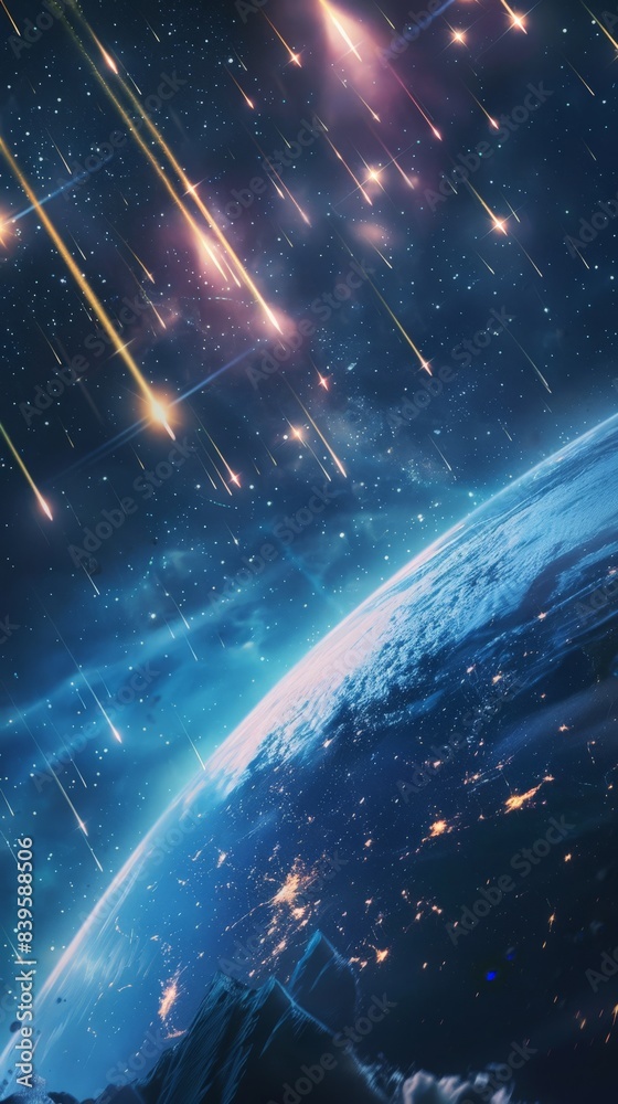 Poster spectacular meteor shower above earth viewed from space. represents the awe-inspiring events in our 