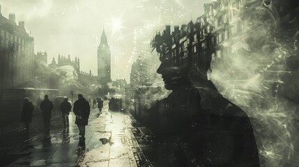 Serene Asparagus Silhouette Among Bustling Street Life - Double Exposure Elegance