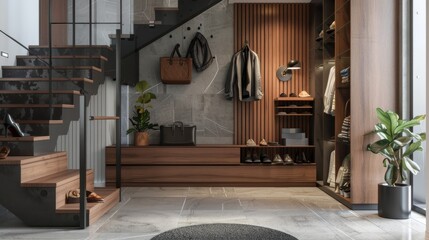 Stylish interior of modern hall with shoes on stand 