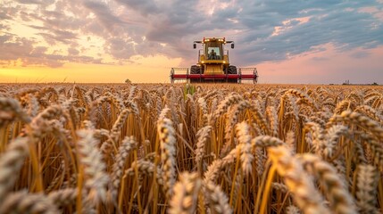 A combine harvester is harvesting a field of wheat