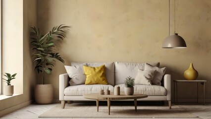 Modern Scandinavian yellow home interior design characterized by an elegant living room featuring a comfortable sofa, mid century furniture, cozy carpet, wooden floor, white walls, and home plants