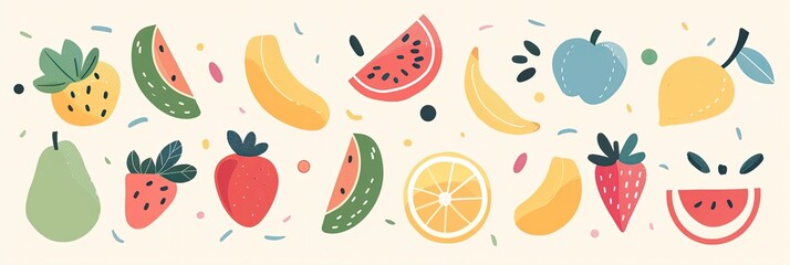 Simple, abstract shapes of cute fruits on a light background
